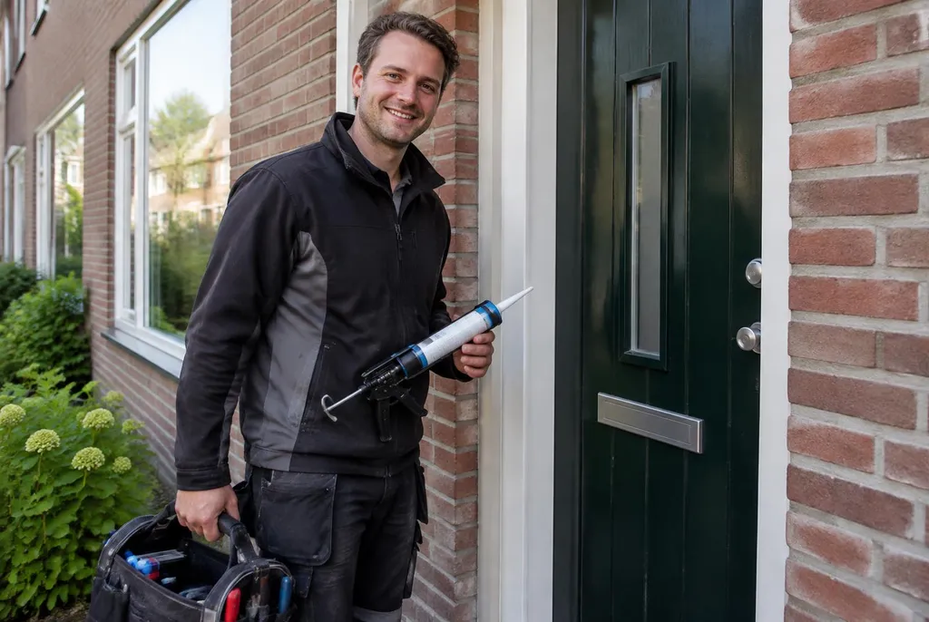 Vakman van Kitbedrijf Harmelen bij de voordeur van een woning